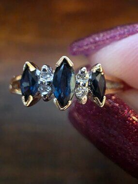 Vintage 10KP Yellow Gold Marquise Sapphire Diamond Cluster Ring Size 5.75 1.7 g